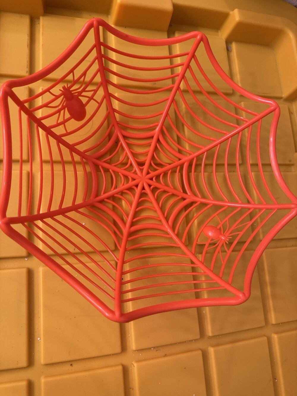 Orange Halloween Spider Web Basket Plastic Spooky Decor Candy